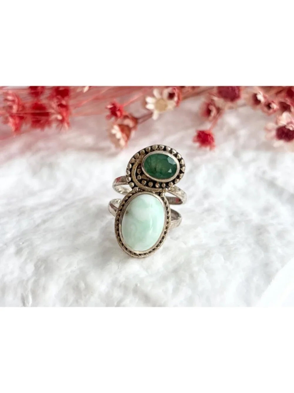 Arya Modernist Larimar & Green Emerald Sterling Silver 925 Vintage Ring - sz 8